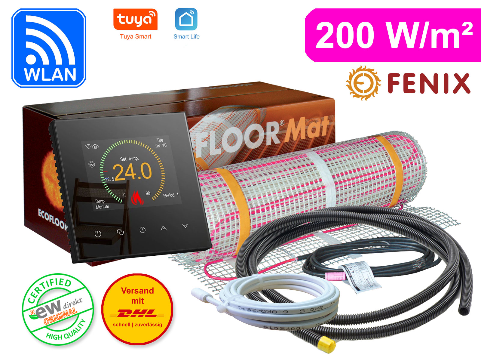 Thermostat RT-70 Wlan schwarz mit FENIX Ecofloor 200 W/m² elektrischer Heizmatte für Fliesen