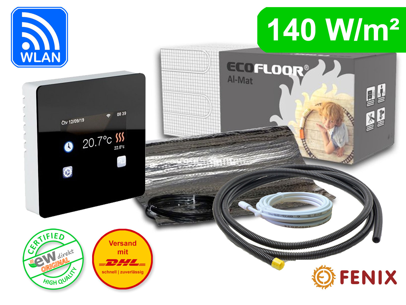 Elektrische Fußbodenheizung Thermostat Fenix TFT - WIFI mit AL-MAT 80 W/m² für Laminat / Klickvinyl