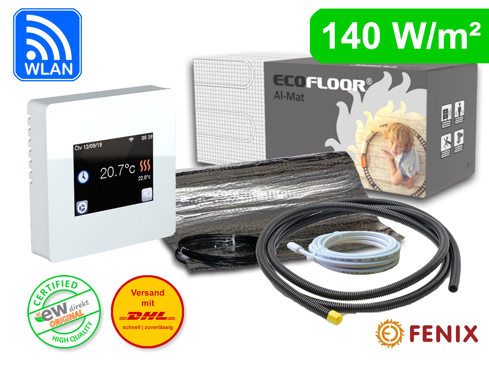 Elektrische Fußbodenheizung Thermostat Fenix TFT - WIFI mit AL-MAT 80 W/m² für Laminat / Klickvinyl
