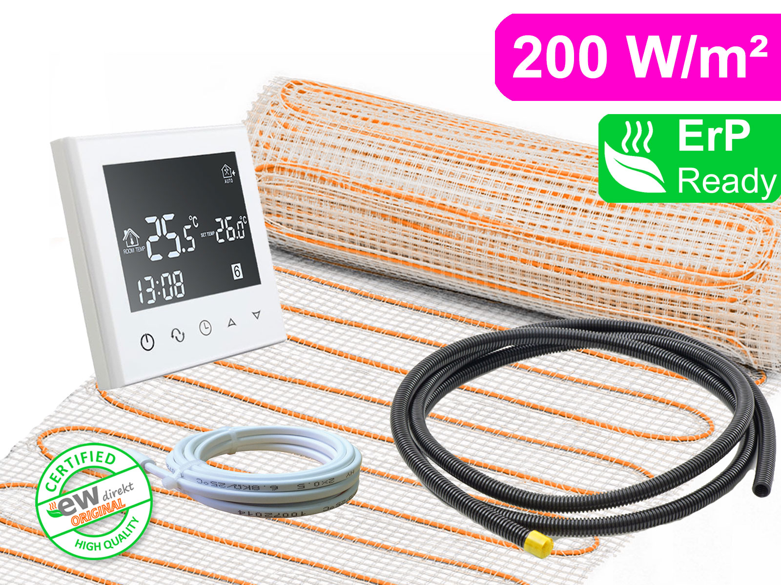 Thermostat RT-50 weiß mit elektrische Fußbodenheizung UltraPro 200 für Fliesen