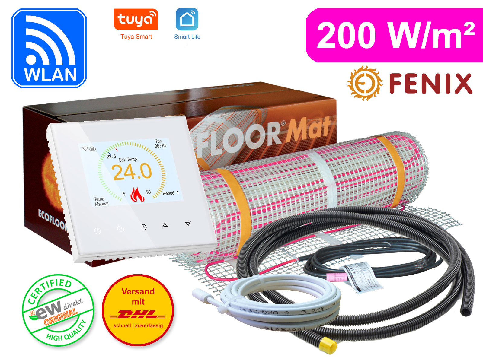 Thermostat RT-70 Wlan weiß mit FENIX Ecofloor 200 W/m² elektrischer Heizmatte für Fliesen