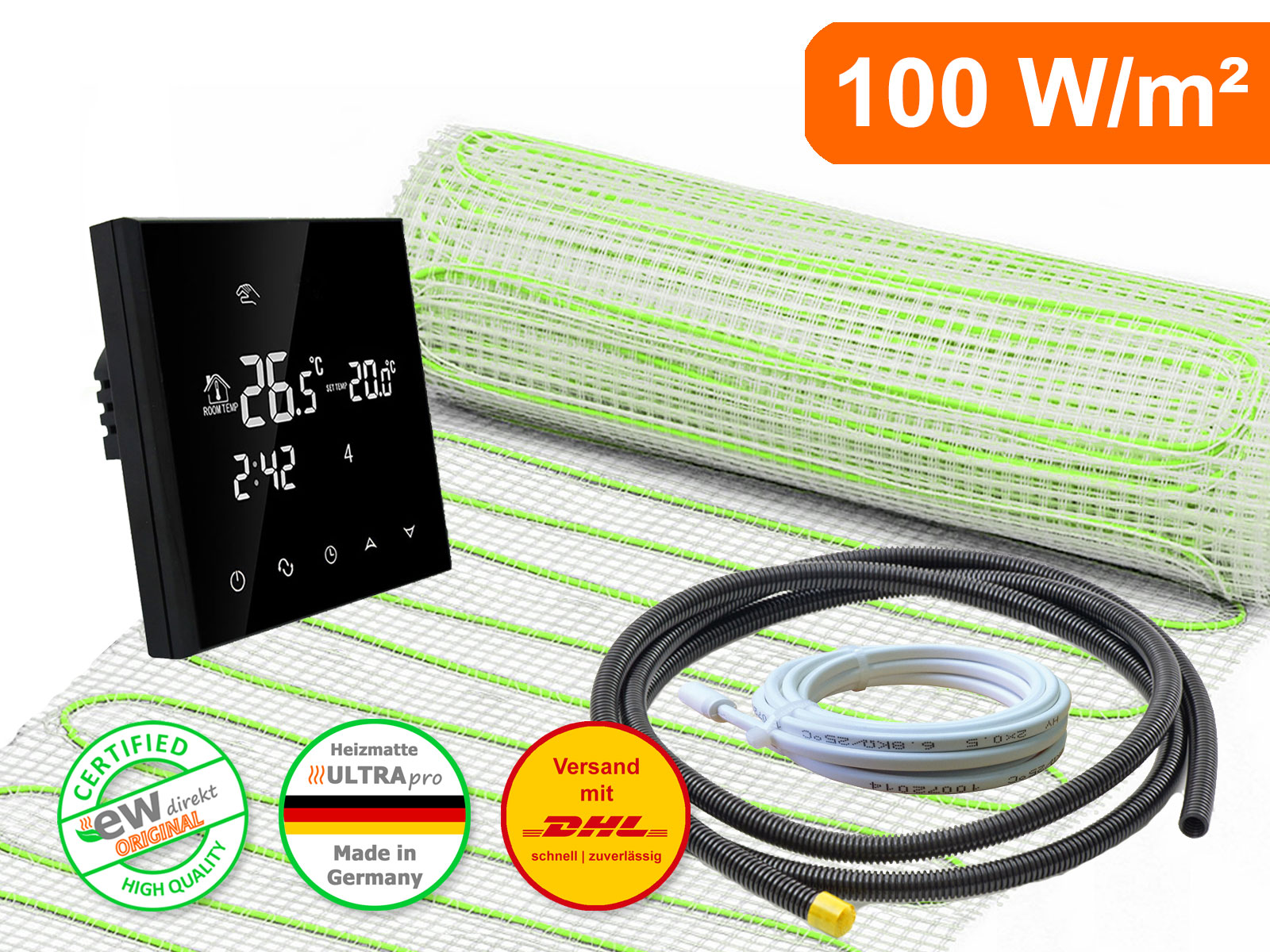 Thermostat RT-50 schwarz mit elektrische Fußbodenheizung UltraPro 100 für Fliesen