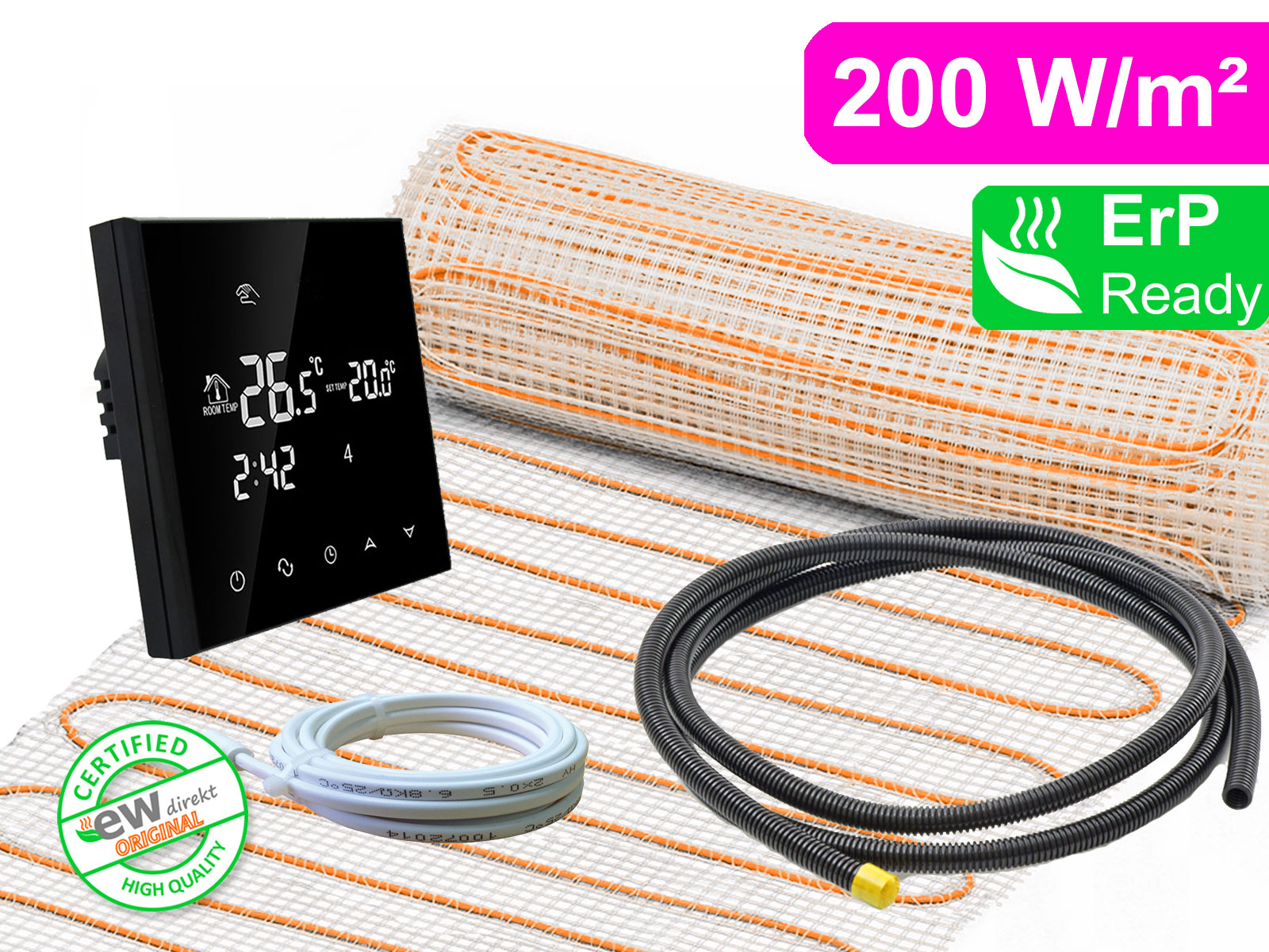 Elektrische Fußbodenheizung UltraPro für Fliesen 200 W/m² mit Thermostat RT-50 schwarz