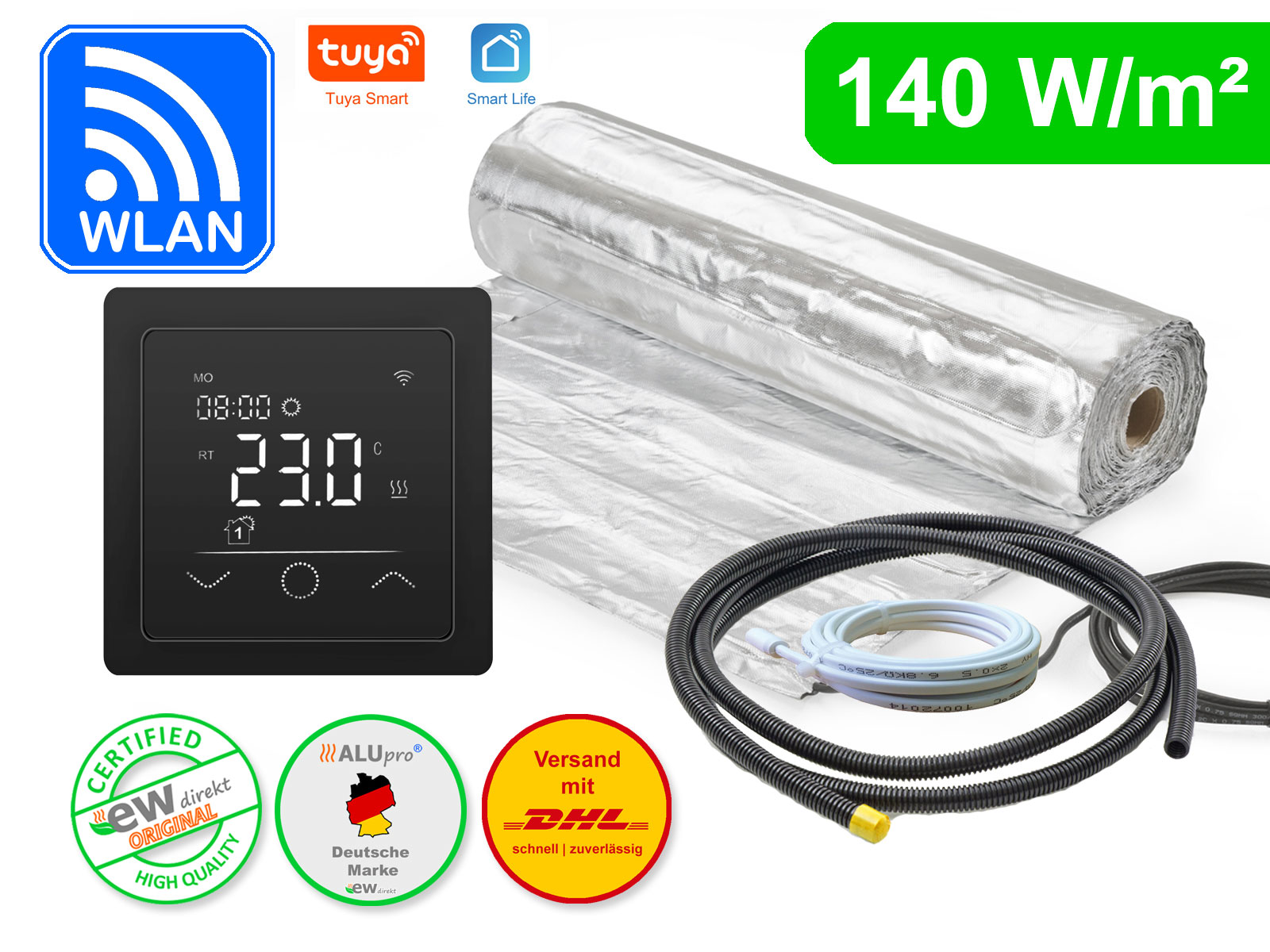 Thermostat RT-63 Wlan schwarz mit AluPro 140 W/m² für Laminat / Klickvinyl