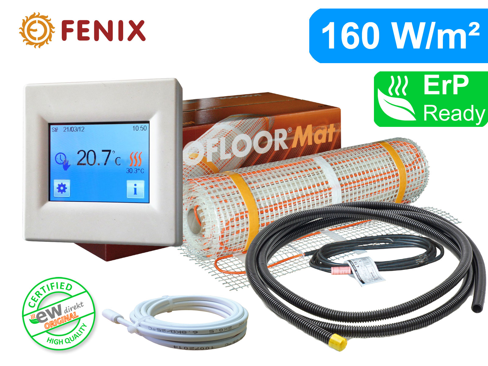 ecofloor-160-tft Thermostat Fenix TFT mit Ecofloor 160 W/m² elektrischer Heizmatte für Fliesen