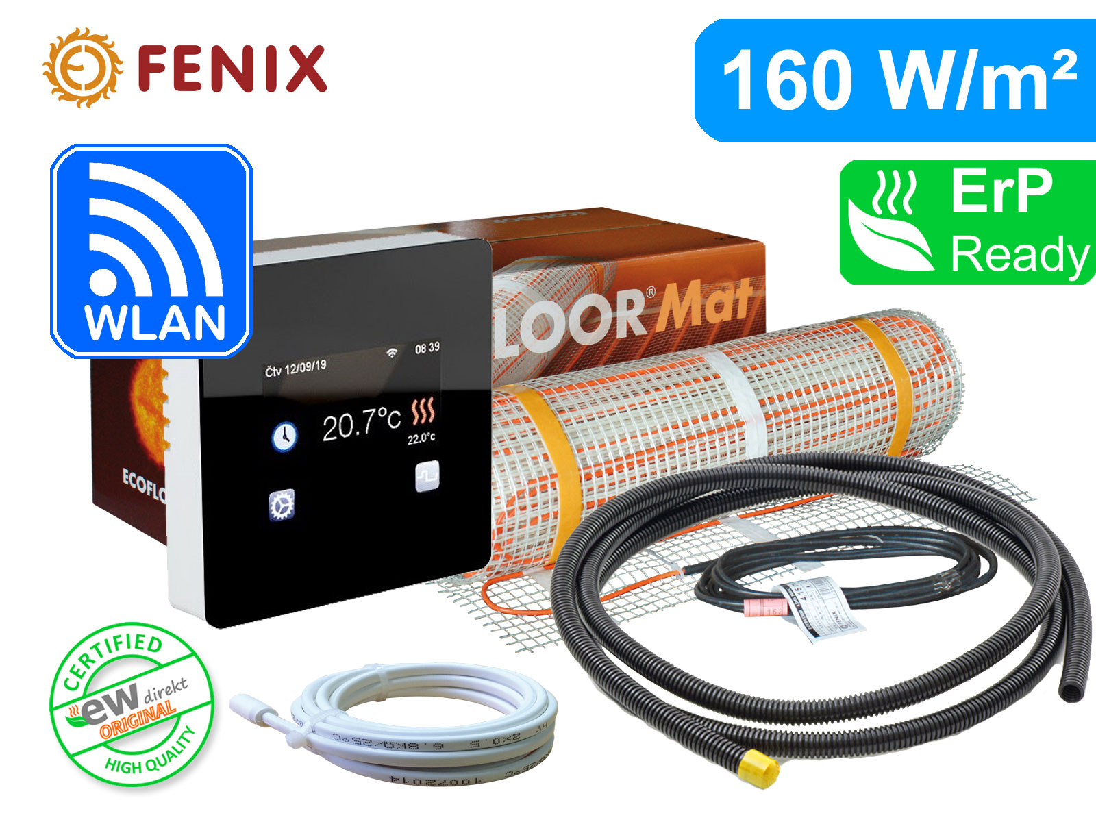 ecofloor-160-tft-wifi-s Thermostat Fenix TFT - WIFI schwarz mit Ecofloor 160 W/m² elektrischer Heizmatte für Fliesen