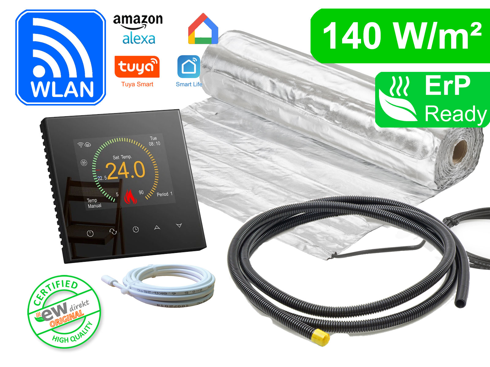 Thermostat RT-70 Wlan schwarz mit AluPro 140 W/m² für Laminat / Klickvinyl Thermostat RT-70 Wlan schwarz mit AluPro 140 W/m² für Laminat / Klickvinyl