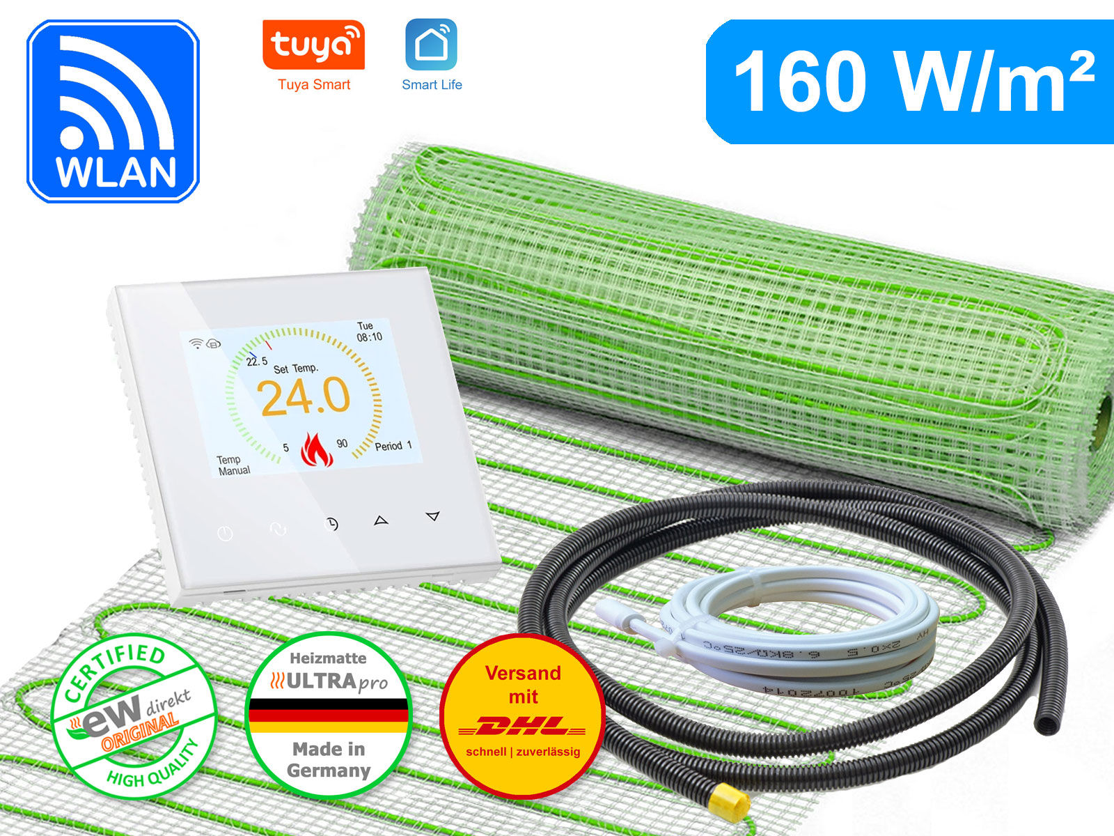 Thermostat RT-70 Wlan weiß mit elektrischer Heizmatte UltraPro für Fliesen 160 W/m²