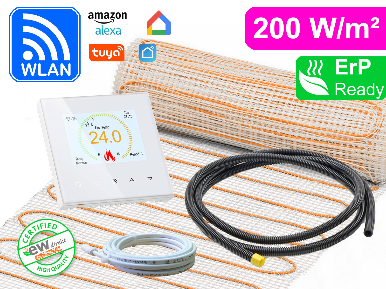 Thermostat RT-70 Wlan weiß mit elektrischer Heizmatte UltraPro für Fliesen 200 W/m²