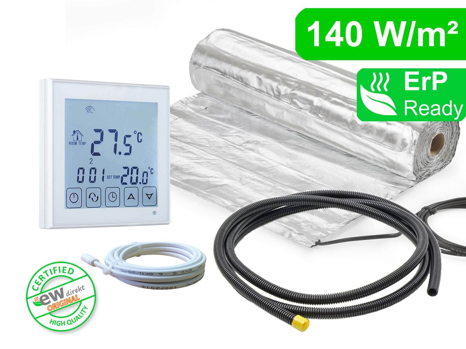 Komplett-Set elektrische Fußbodenheizung AluPro 140 W/m² für Laminat / Klickvinyl mit Thermostat RT-45