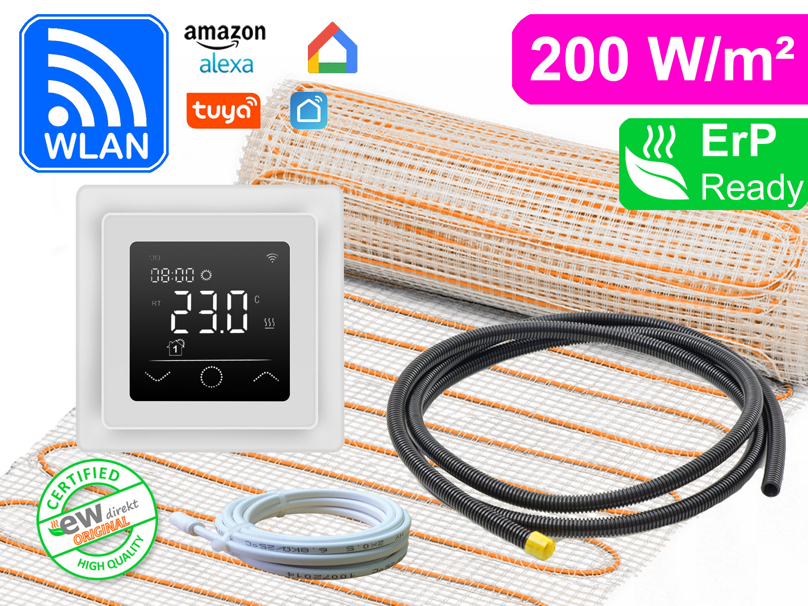 Thermostat RT-63 Wlan weiß mit elektrischer Heizmatte UltraPro für Fliesen 200 W/m²